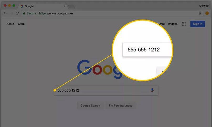Câmp de căutare Google completat cu un număr de telefon de căutat