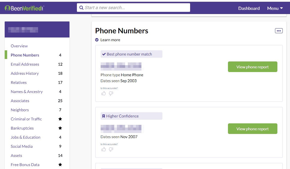 Llistat de números de telèfon de BeenVerified