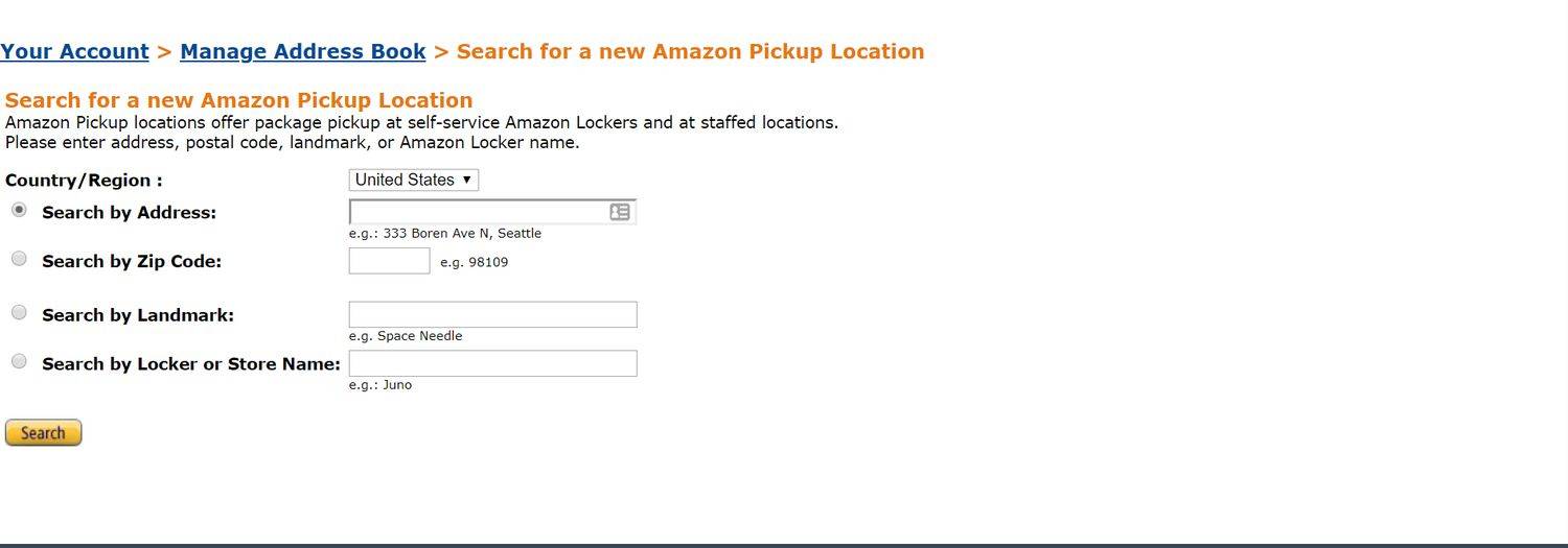 Vyhledávací stránka Amazon Locker.