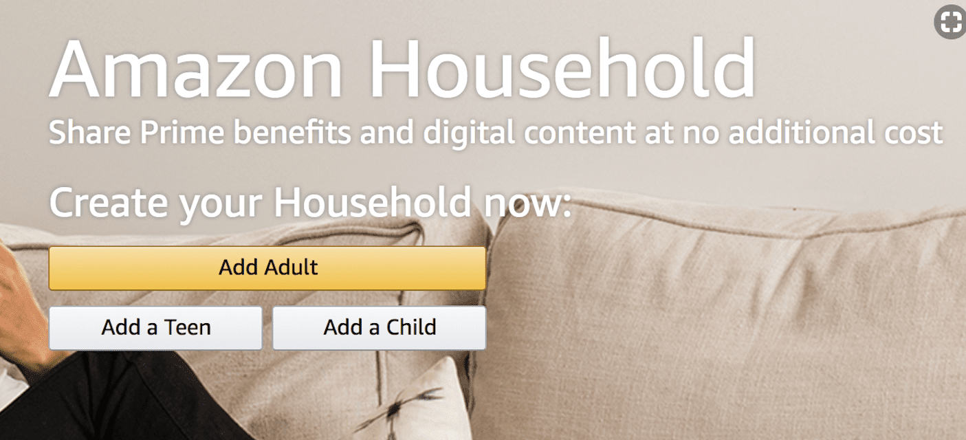 Captura de tela da página de inscrição da Amazon Household, com botões para Adicionar Adulto, Adicionar Adolescente ou Adicionar Criança
