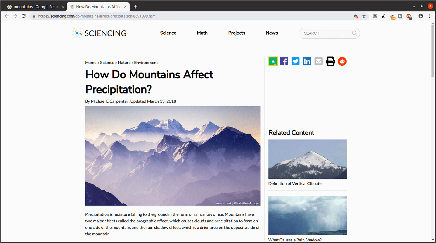 Σελίδα από το sciencing.com που δείχνει μια εικόνα ενός βουνού, στο πρόγραμμα περιήγησης Chrome.