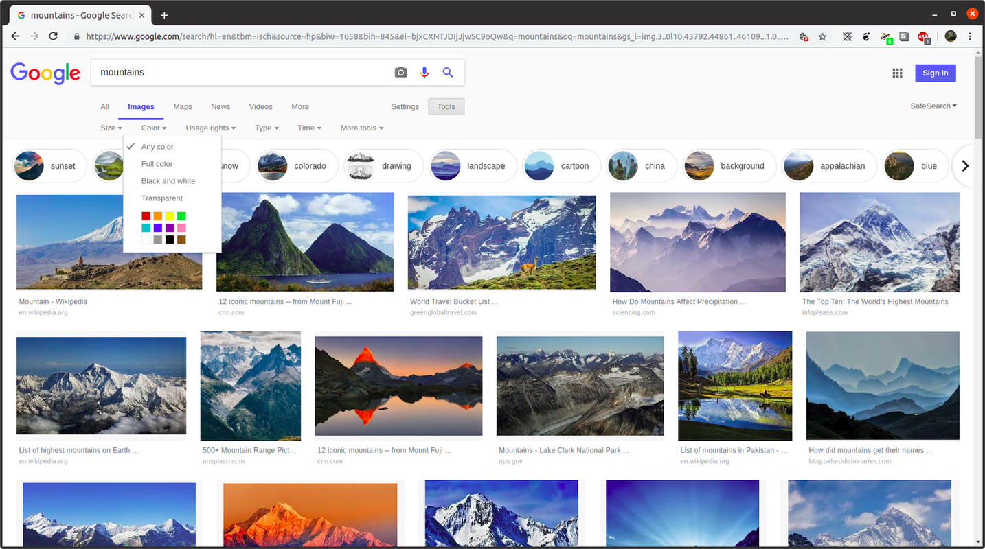 Stránka s výsledkami vyhľadávania v službe Obrázky Google pre hľadaný výraz