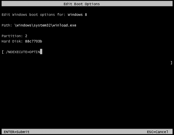 opções adicionais de inicialização para o kernel do Windows 8