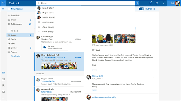 „Outlookcom“ beta versija 1