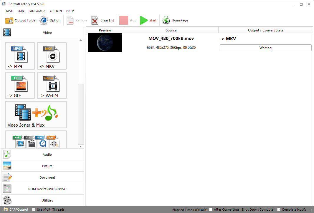 Snímek obrazovky převaděče souborů Format Factory 5.5.0 ve Windows 10