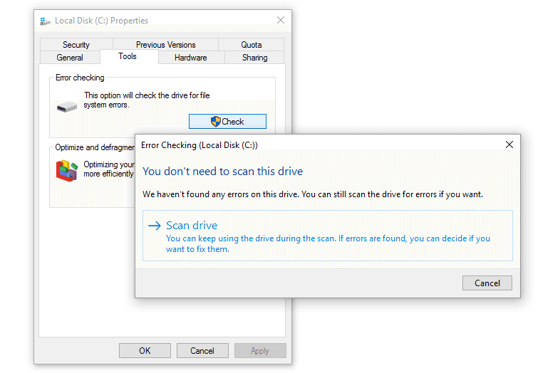 Windows 10의 오류 검사(chkdsk) 도구