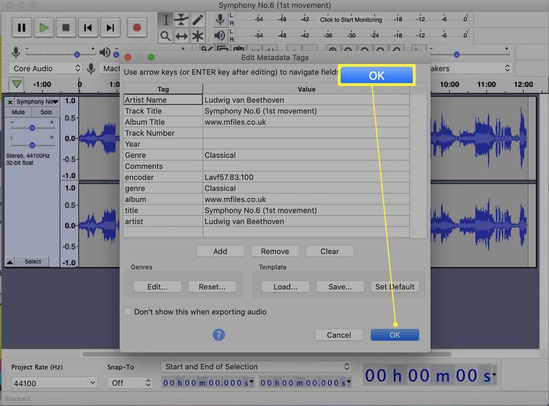 Aplikasi Audacity dengan Simpan disorot untuk Ekspor Audio