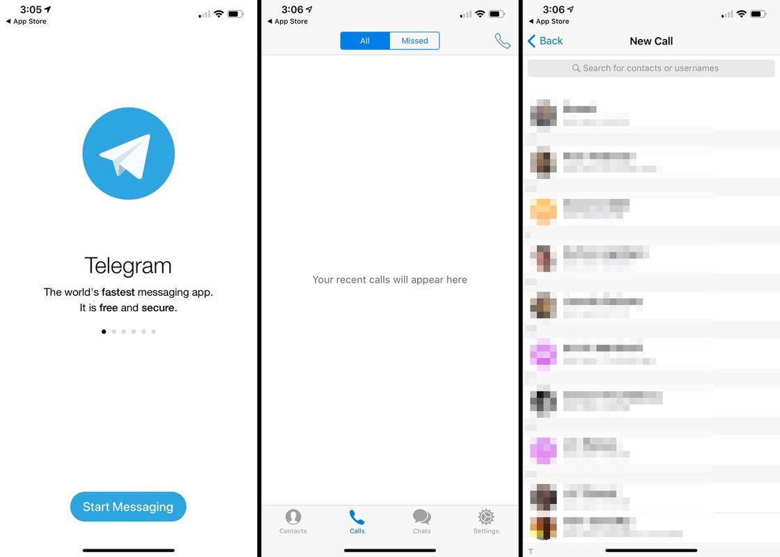 Kolme iOS-näyttöä Telegram-sovelluksesta