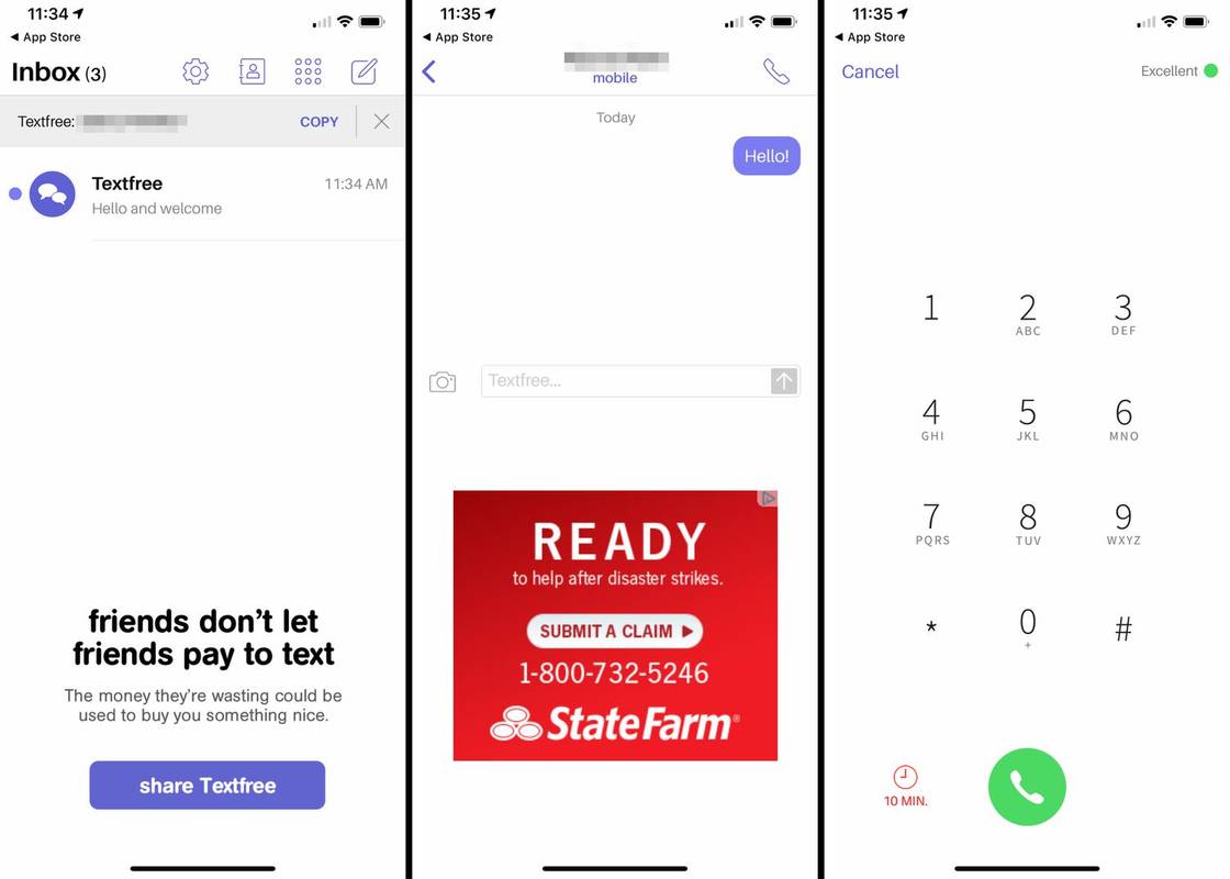 Ba màn hình iOS từ ứng dụng TextFree