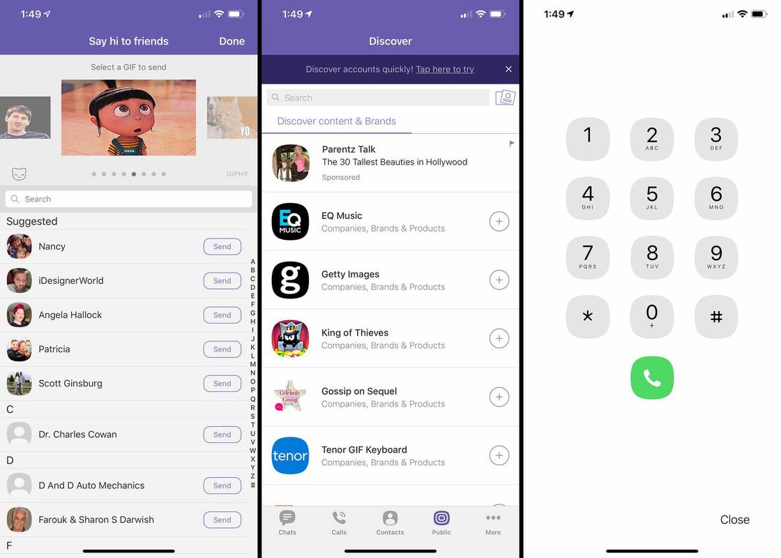 Tri obrazovky iOS z aplikácie Viber