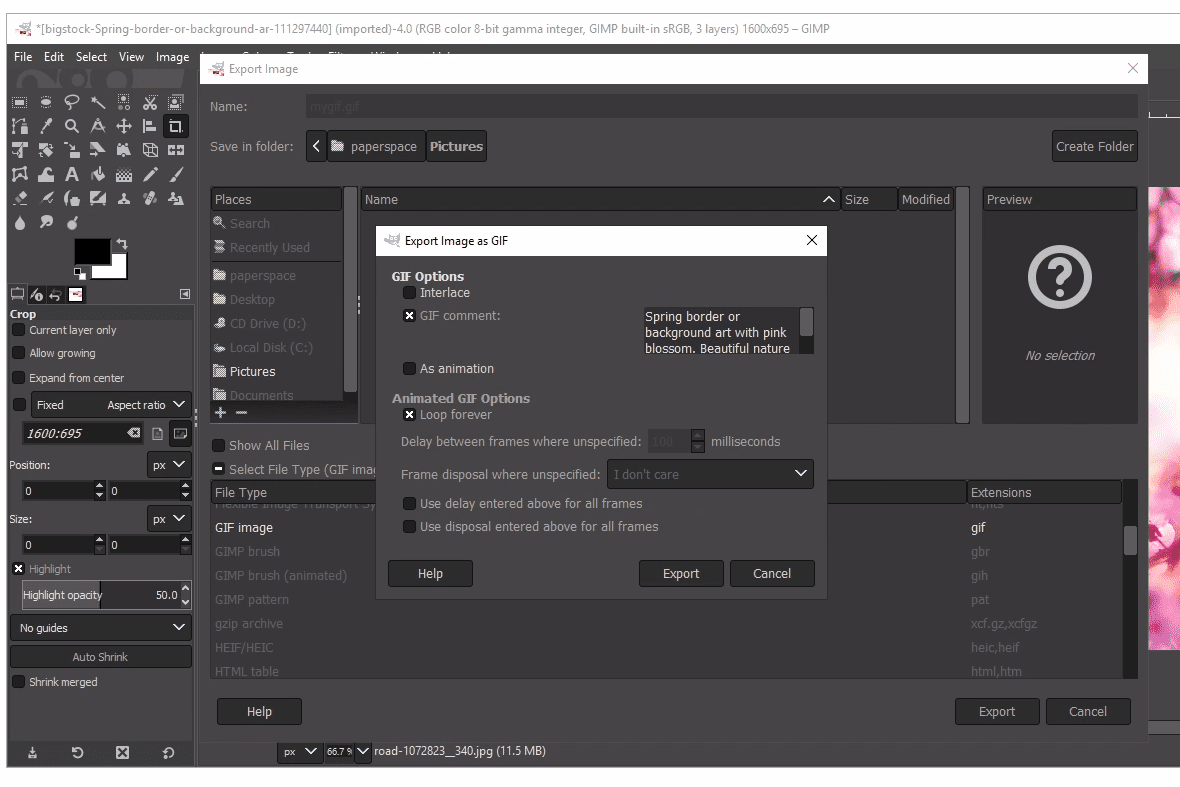 GIMP GIF export menu