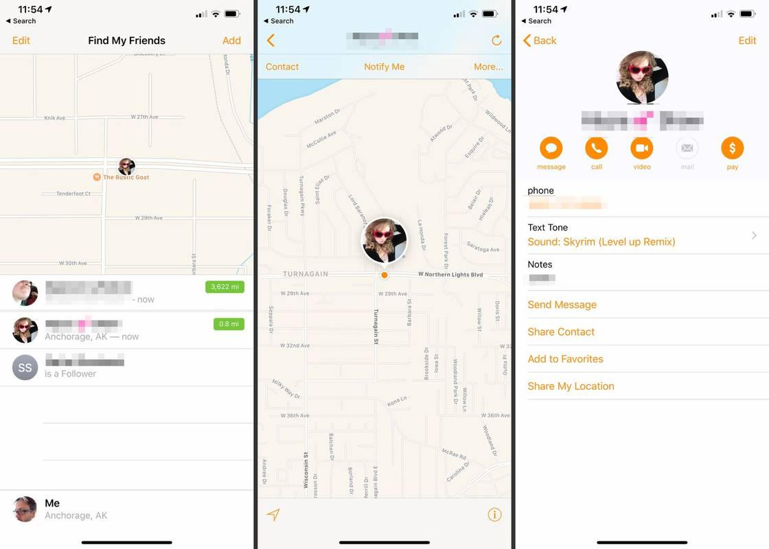 Tři obrazovky iOS z aplikace Find My Friends