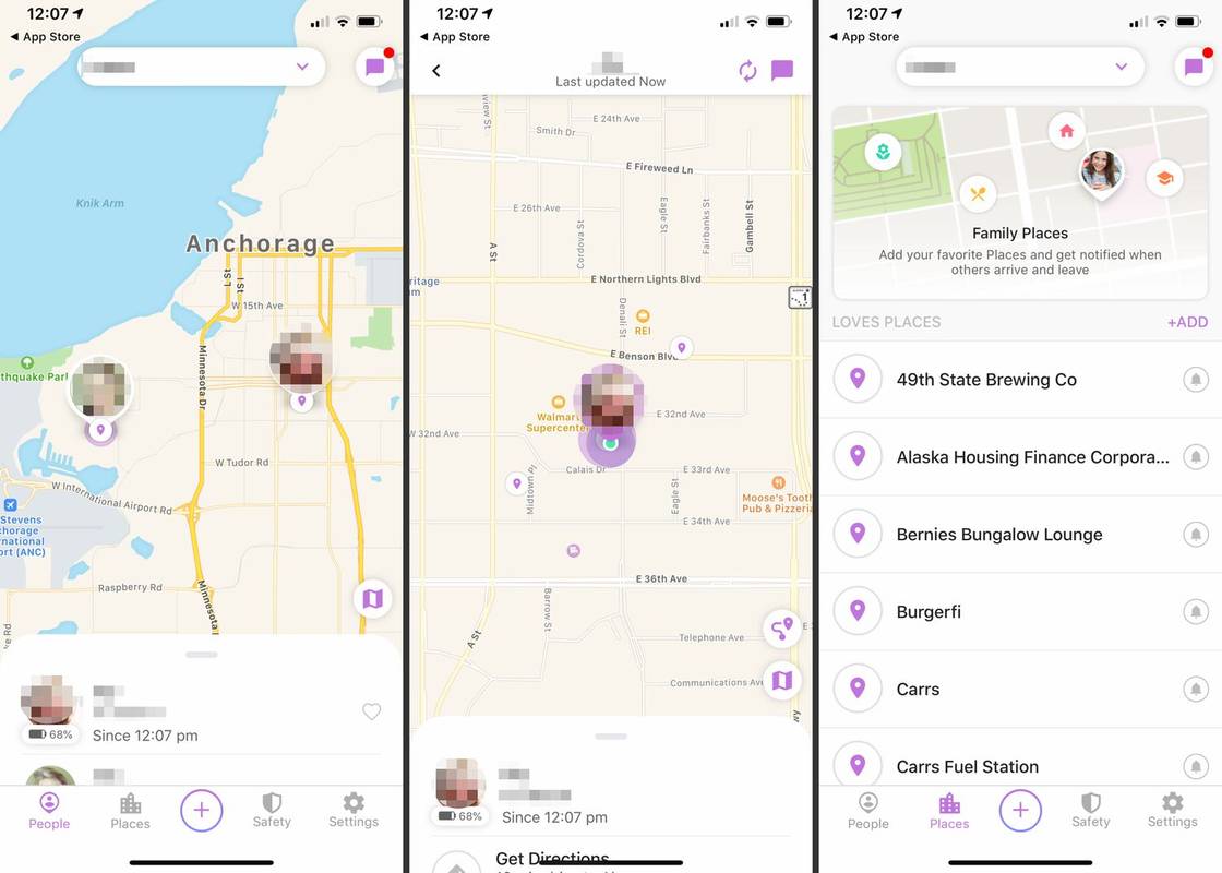 Drie iOS-schermen van Zoek mijn familie, Vrienden, Telefoon
