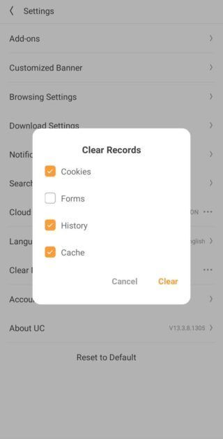Prohlížeč UC vymaže záznamy a skrytou mezipaměť android