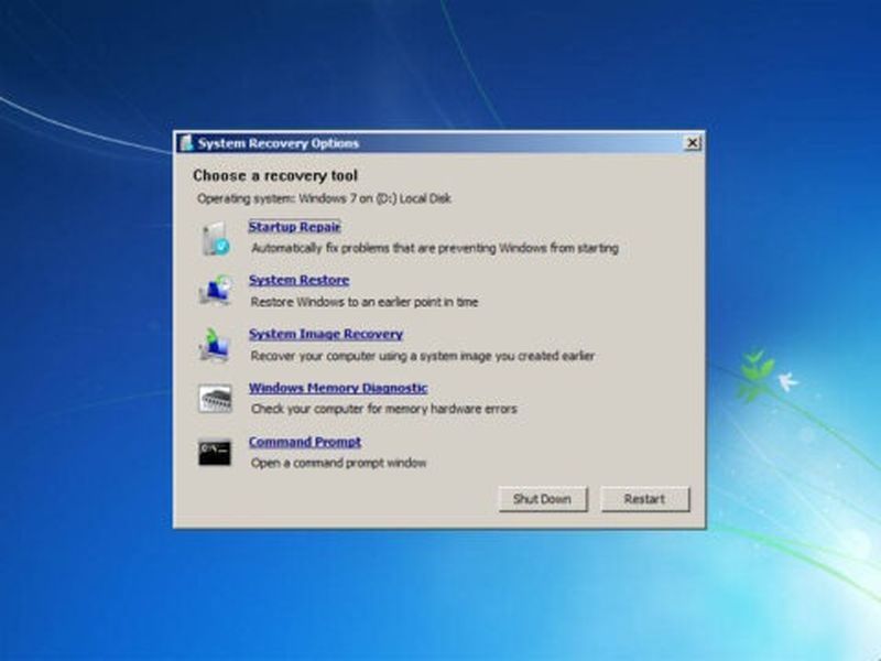 Option de réparation de démarrage de Windows 7
