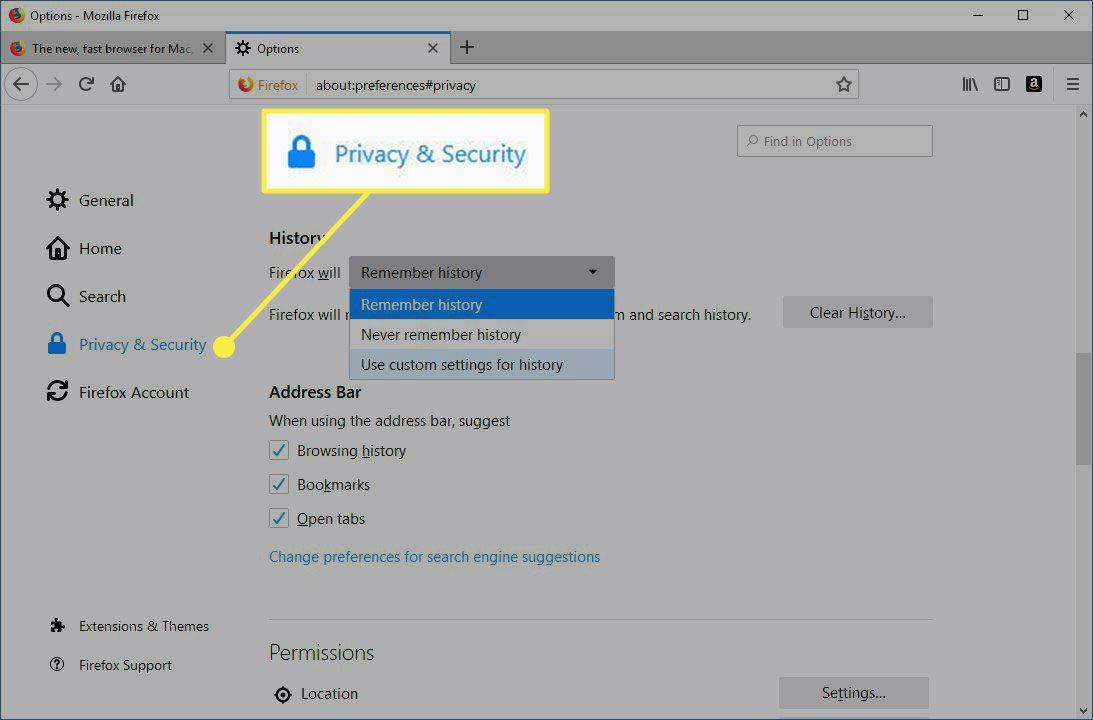 „Firefox“ nustatymų antraštė „Privatumas ir sauga“.