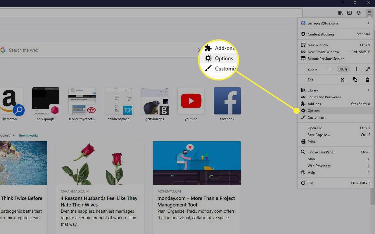 Снимак екрана менија Још у Фирефок-у са истакнутим опцијама