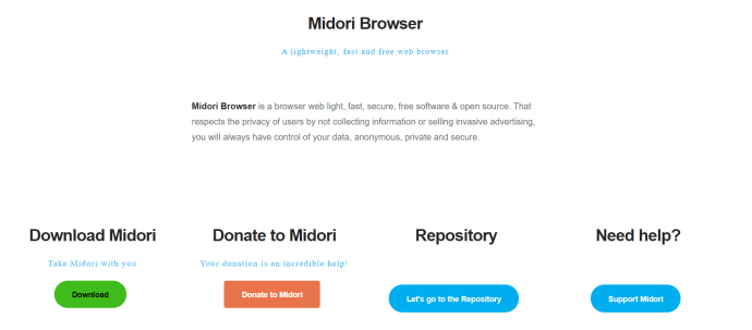 Home page del browser Midori.