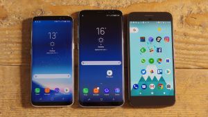 Samsung Galaxy S8, S8 Plus a Google Pixel XL (L to R)