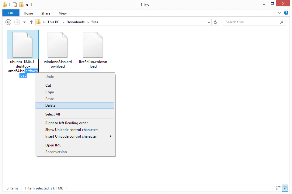 Tangkapan layar menunjukkan cara menghapus akhiran CRDOWNLOAD dari nama file
