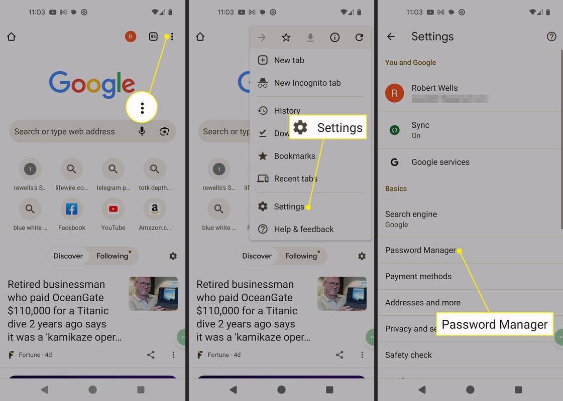 Meny med tre prikker, Innstillinger og Passordbehandling uthevet i Chrome for Android