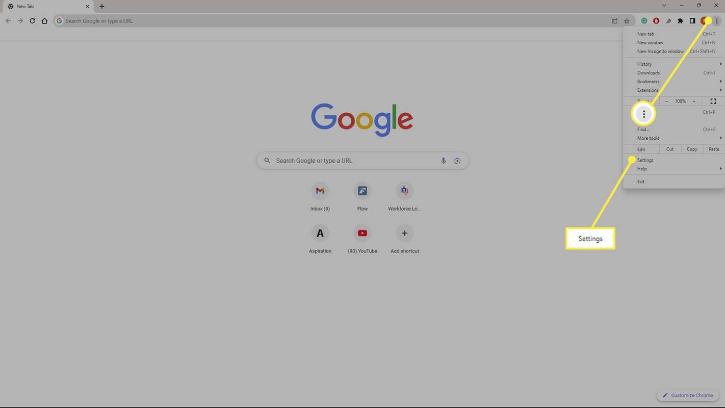 Трехточечное меню и настройки выделены в Google Chrome