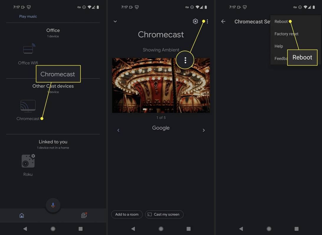 Chromecast, menu z trzema kropkami i ponowne uruchomienie w aplikacji Google Home