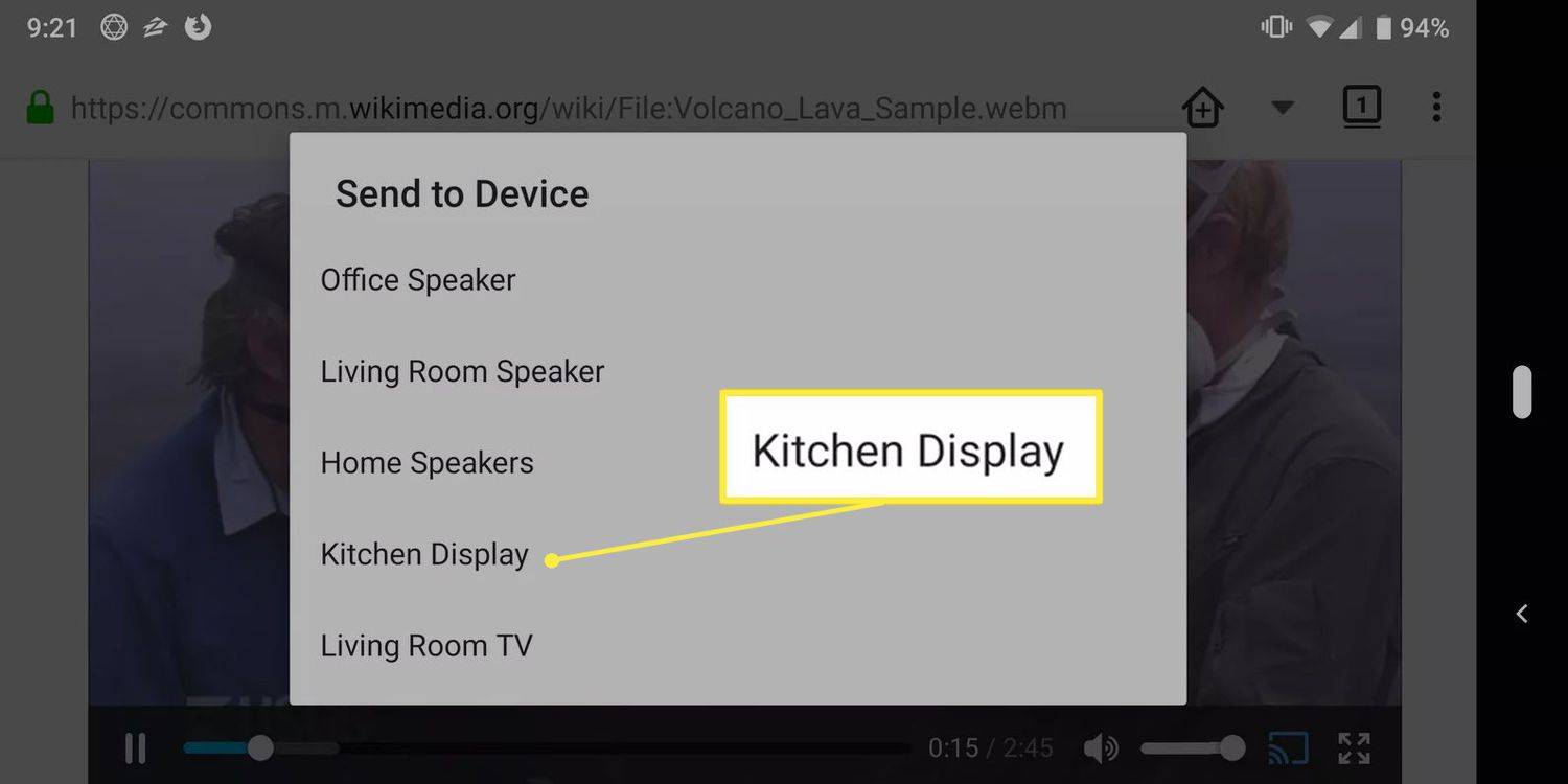 ตัวเลือก Kitchen Display ใน Send to Device บน Firefox สำหรับ Android