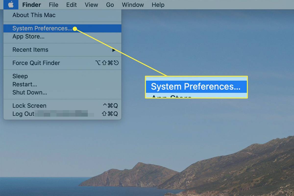시스템 환경설정 명령이 강조 표시된 Mac의 Apple 메뉴