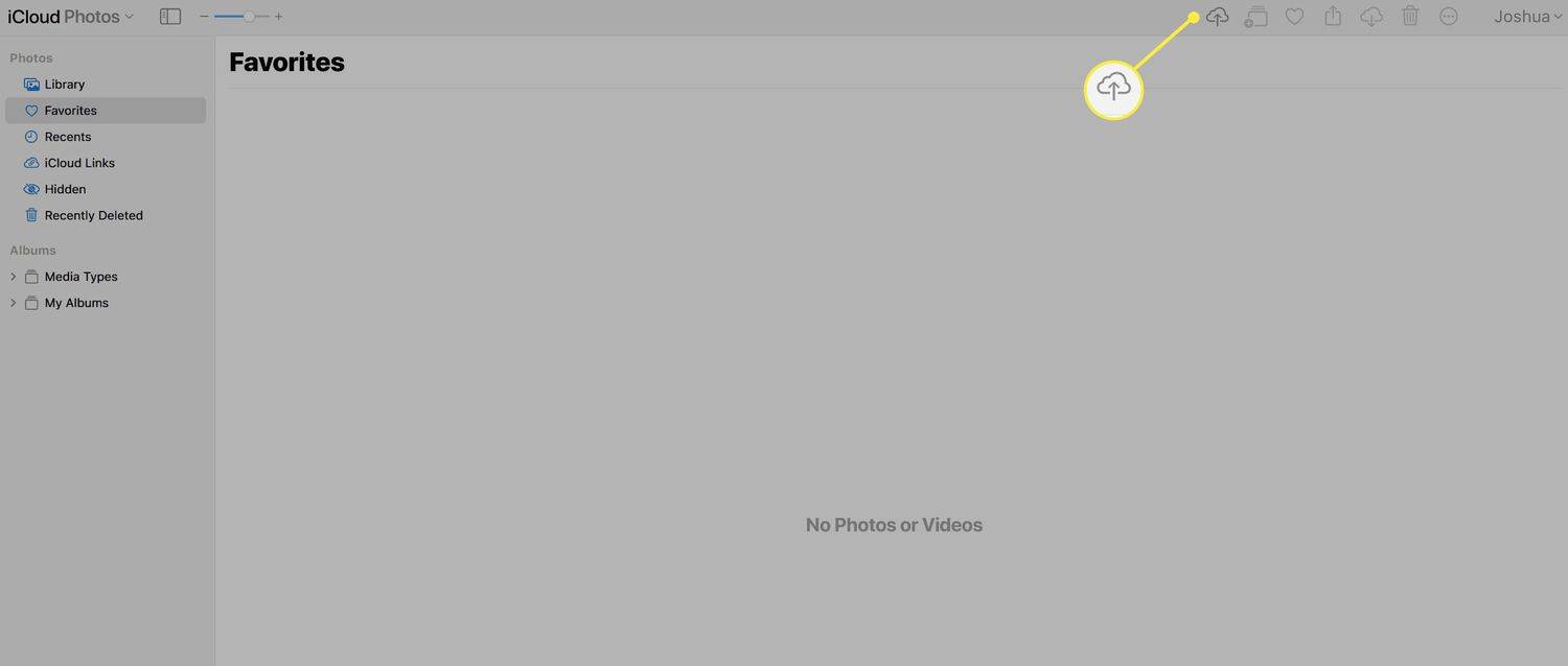 Die Schaltfläche zum Hochladen von iCloud-Fotos auf der iCloud-Site.