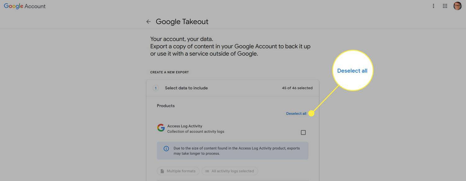 Tlačidlo Zrušiť výber všetkých zvýraznené v službe Google Takeout.