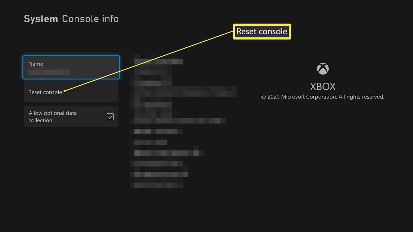 Xbox Series X sätted, kus konsooli teave on esile tõstetud