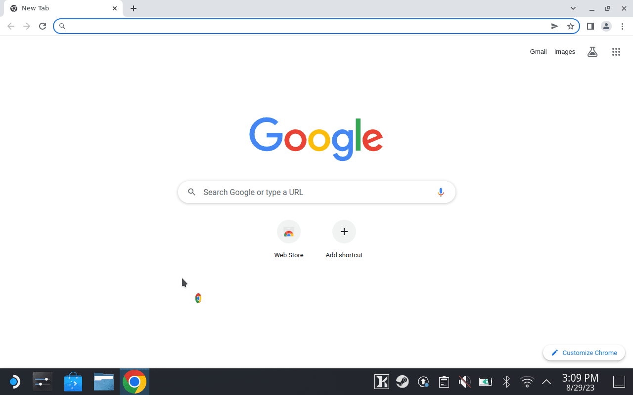 Bidang pencarian Google disorot di Steam Deck dalam Mode Desktop.