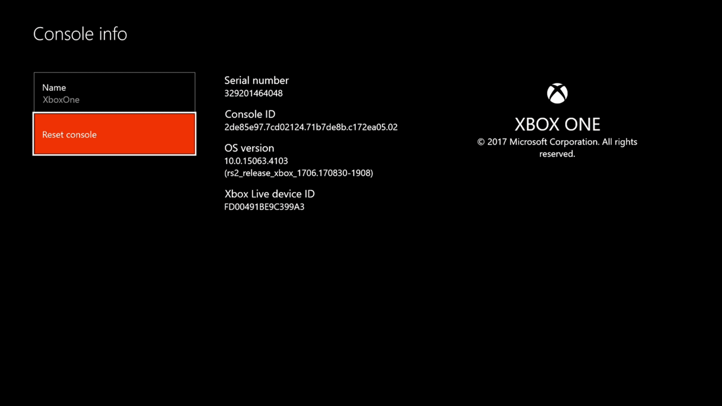 Snímka obrazovky resetovania konzoly Xbox One