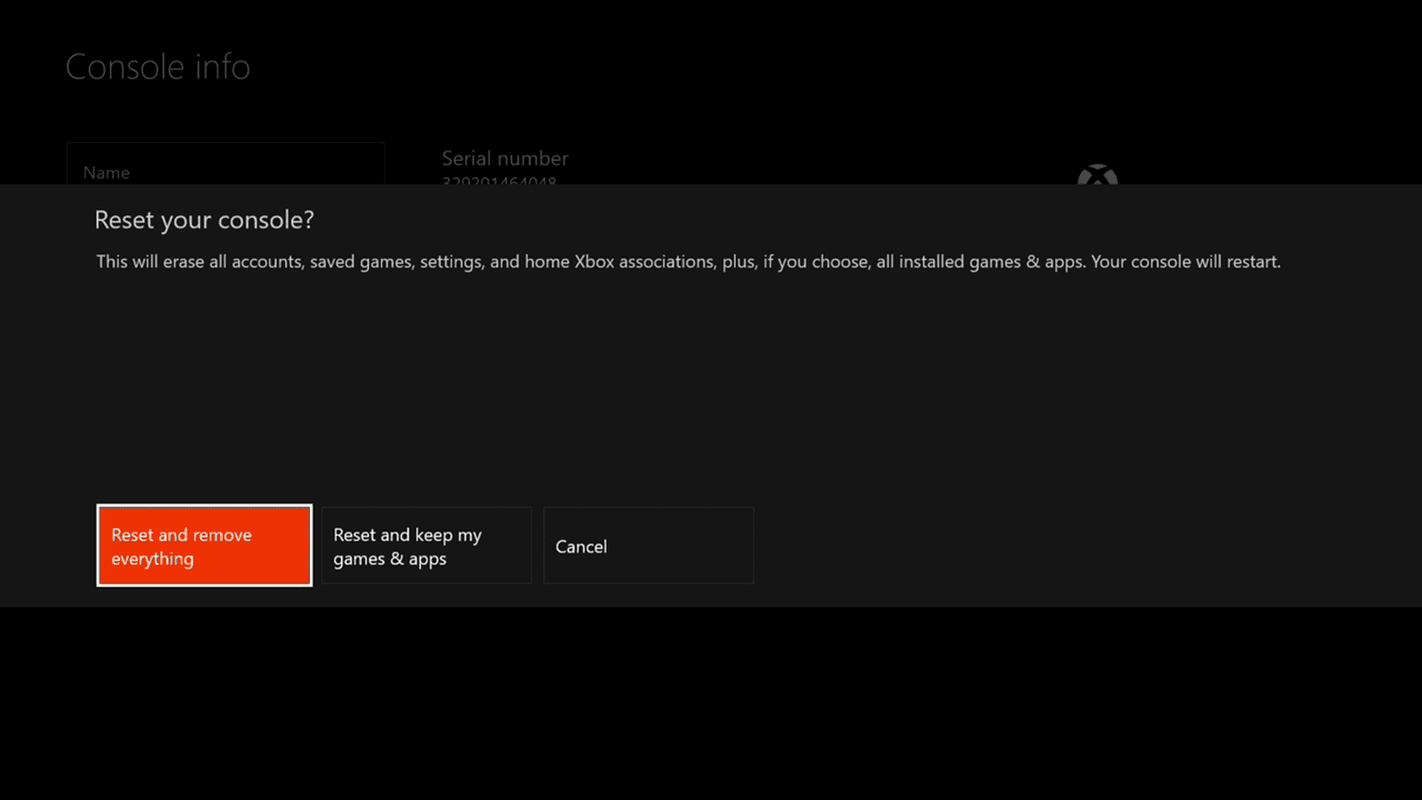 Екранна снимка за твърдо нулиране и възстановяване на фабричните настройки на Xbox One