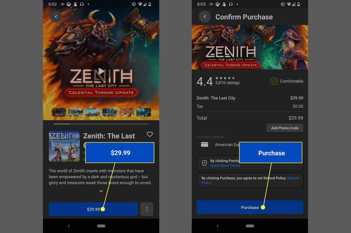 Przycisk Cena i Zakup podświetlone w sklepie z aplikacjami Oculus.