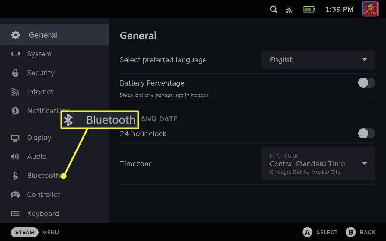 Το Bluetooth επισημαίνεται σε Steam Deck.