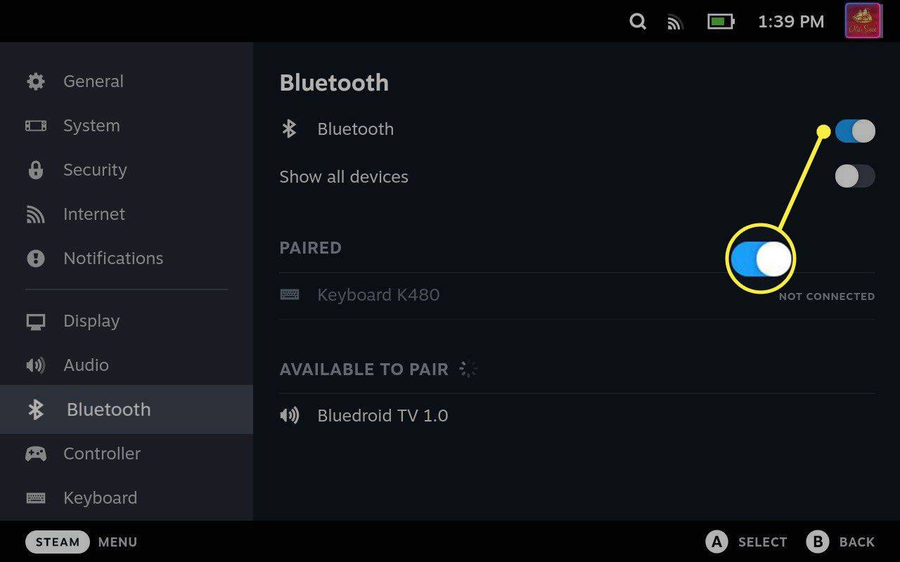 Η εναλλαγή Bluetooth επισημαίνεται σε ένα Steam Deck.
