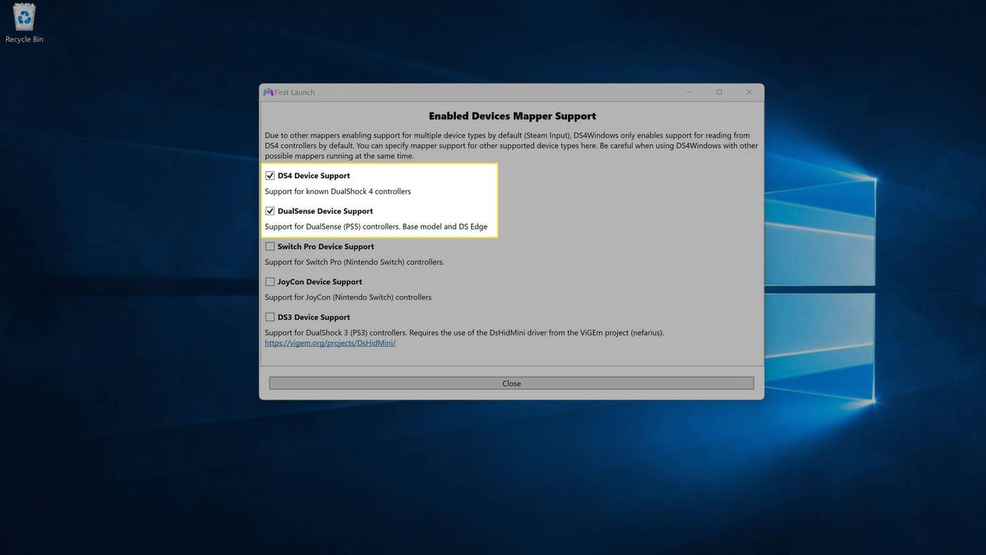 DS4 Device Support, DualSense Device Support και Close επισημαίνονται στη ρύθμιση DS4Windows.