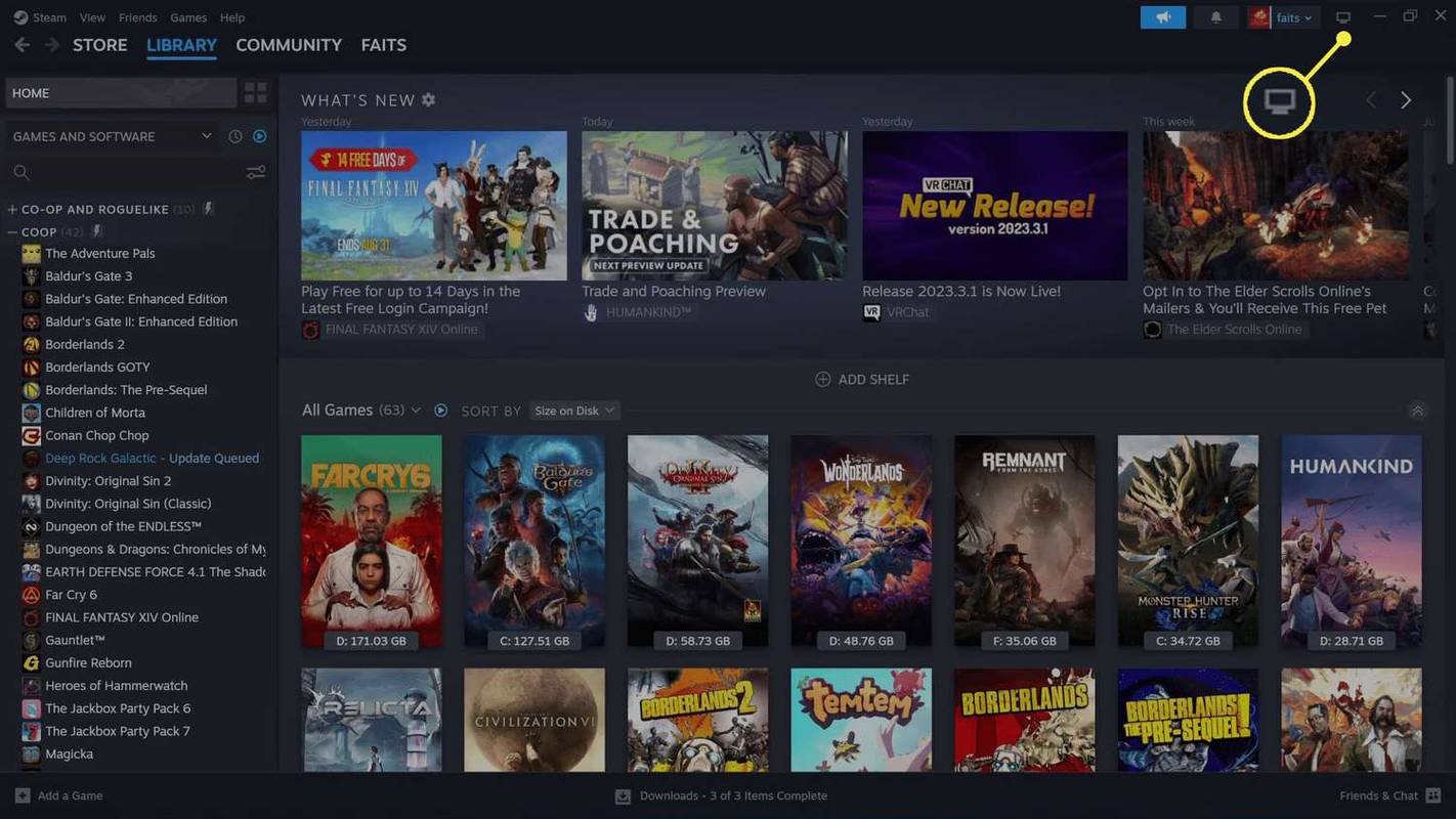 Ikon TV yang diserlahkan di penjuru kanan sebelah atas Steam.