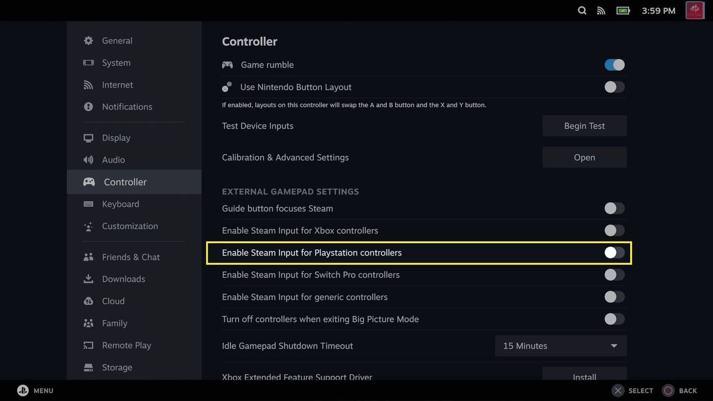 Activez Steam Input pour les contrôleurs Playstation mis en évidence dans les paramètres du contrôleur Steam.