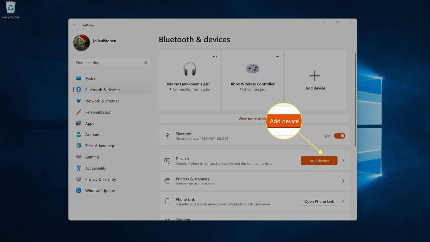 Dodaj urządzenie podświetlone w systemie Windows 11 Bluetooth i urządzenia.