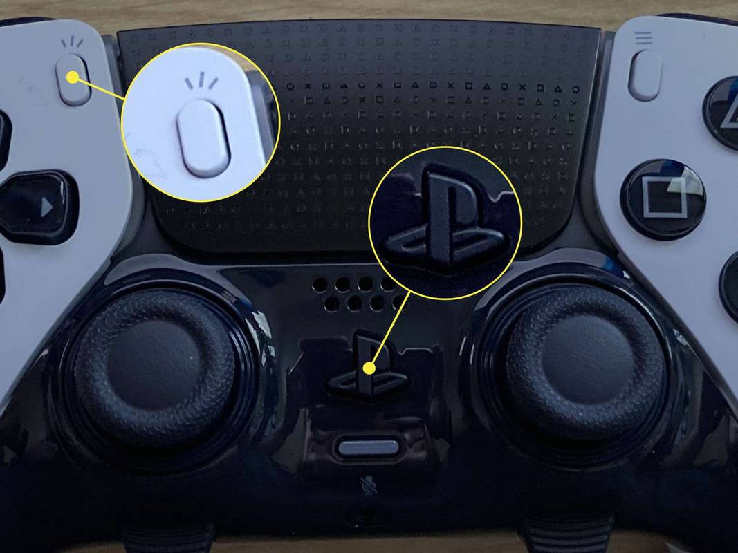 Opprett- og PS-knappene er uthevet på en DualSense Edge-kontroller.