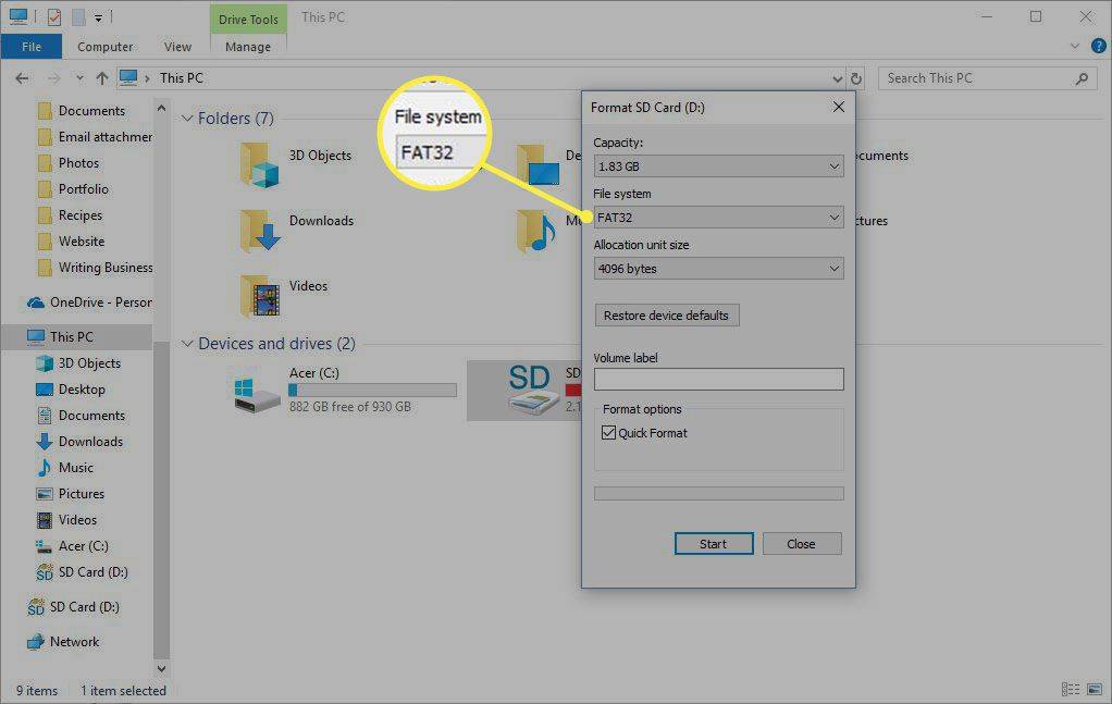 επιλογές μορφής για μια κάρτα SD που χρησιμοποιεί Windows
