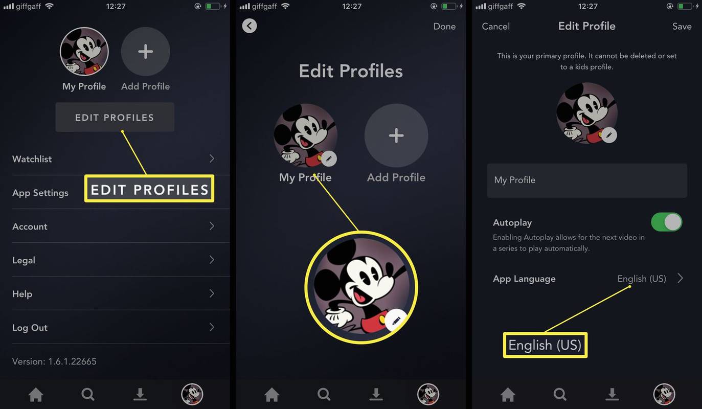 Aplikace Disney+ se zvýrazněnou možností Upravit profil/jazyk aplikace