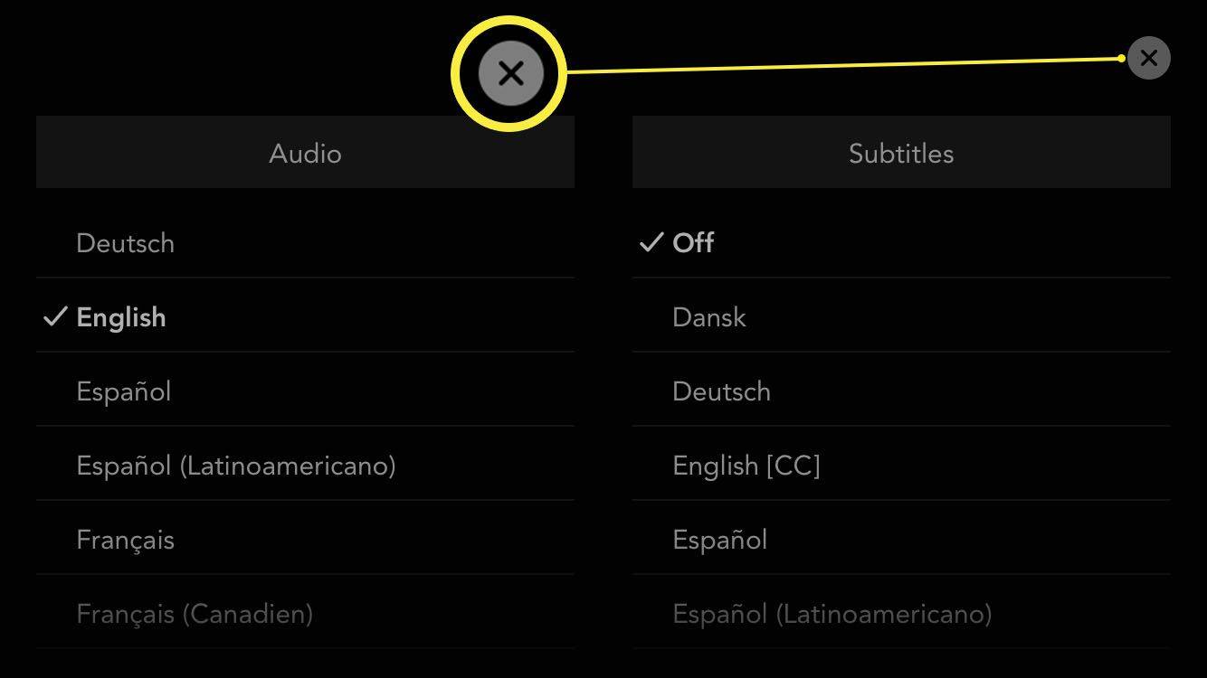 오디오/자막 언어가 표시되고 오른쪽 상단에 변경 사항 확인을 위한 X가 표시된 Disney+ 앱
