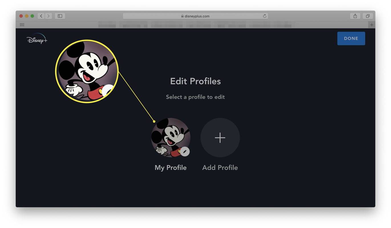 Disney+ -sivusto, jossa Muokkaa profiileja on auki