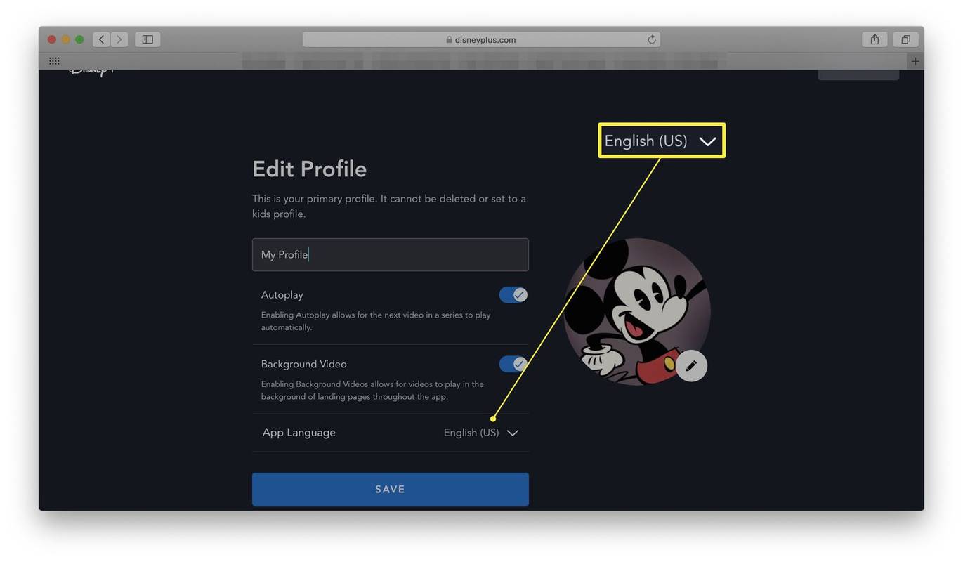 Уебсайт на Disney+ с отворен профил за редактиране и подчертан език на приложението