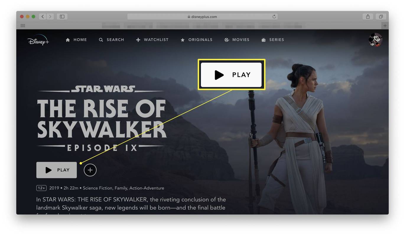 Tapak web Disney+ dengan butang main diserlahkan pada filem (Star Wars: The Rise of Skywalker)
