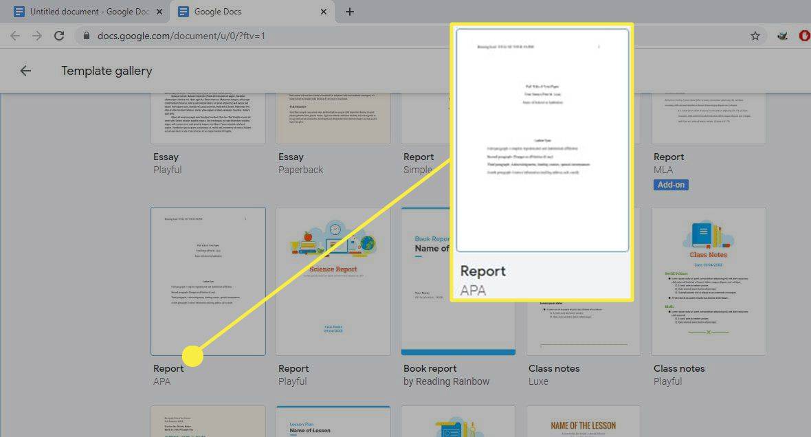 Le modèle de rapport APA dans Google Docs.